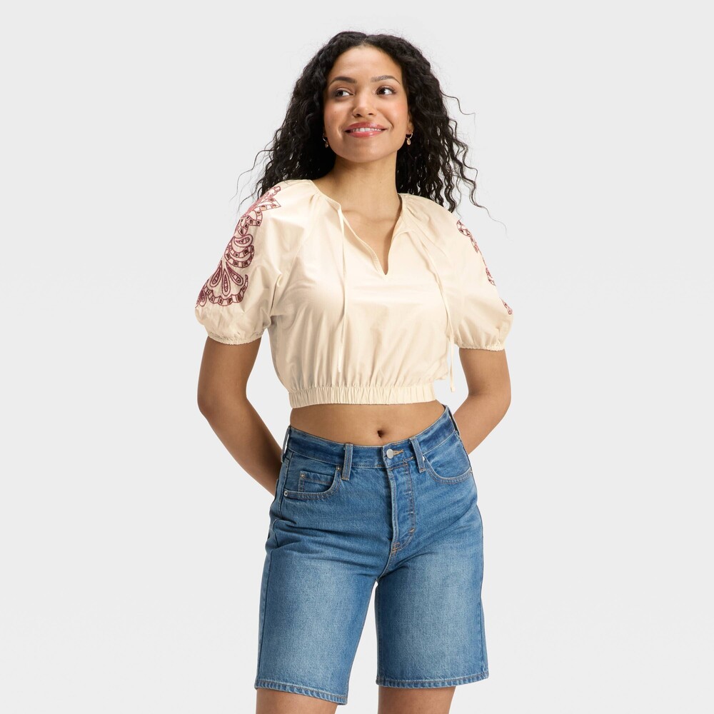 Balloon Elbow Sleeve Eyelet Blouse - Cream Floral XL
